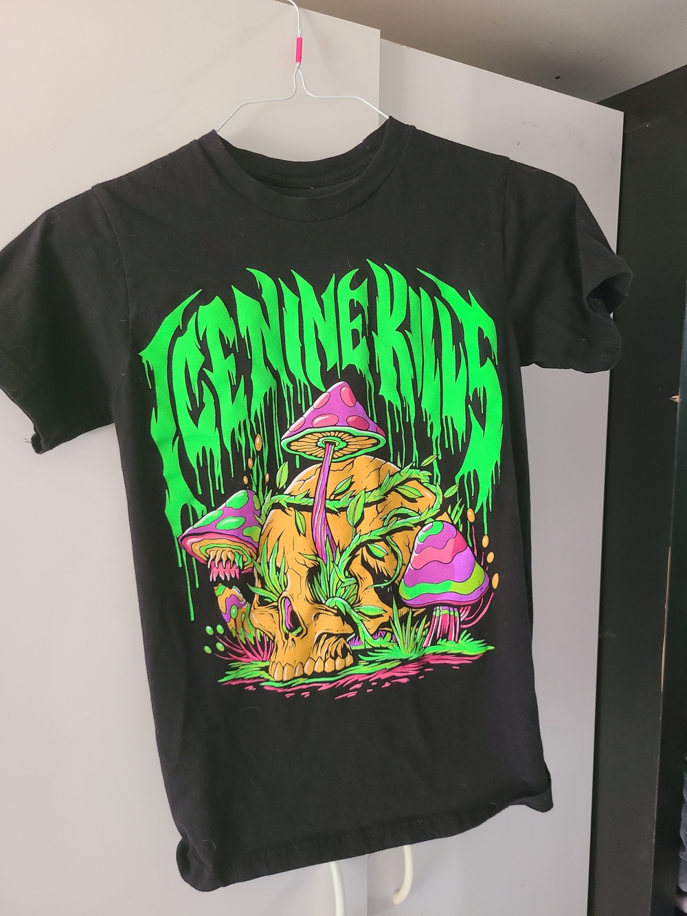 Ice Nine Kills Black Graphic Tee with Neon Green and Pink Mushroom Design